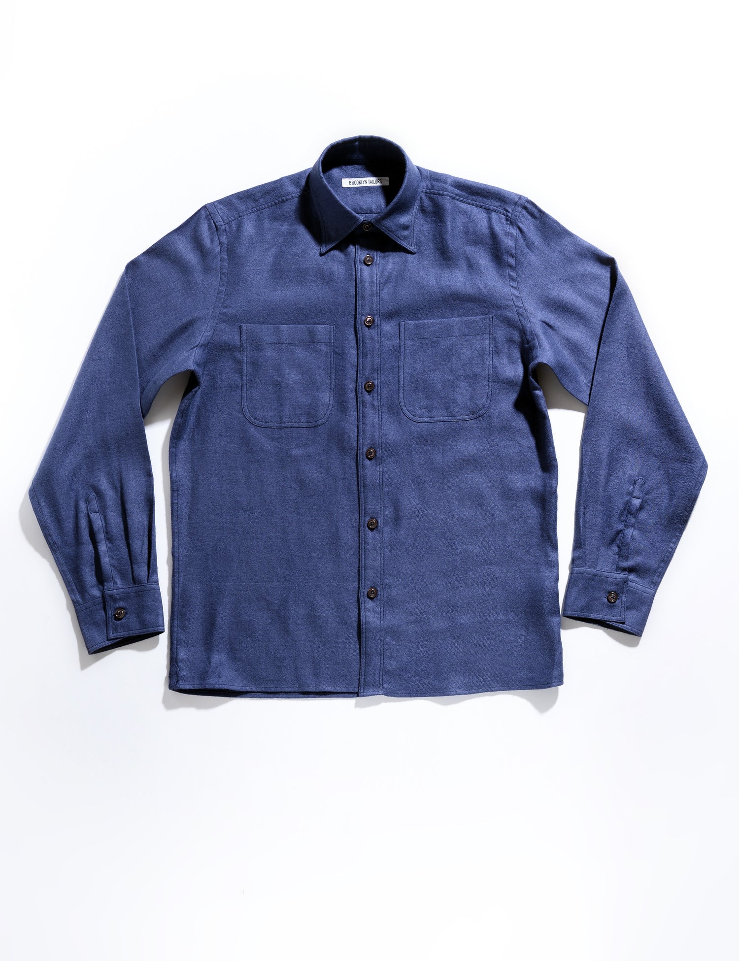 Flat shot of Brooklyn Tailors BKT16 Overshirt in Linen Flannel - Slate Blue