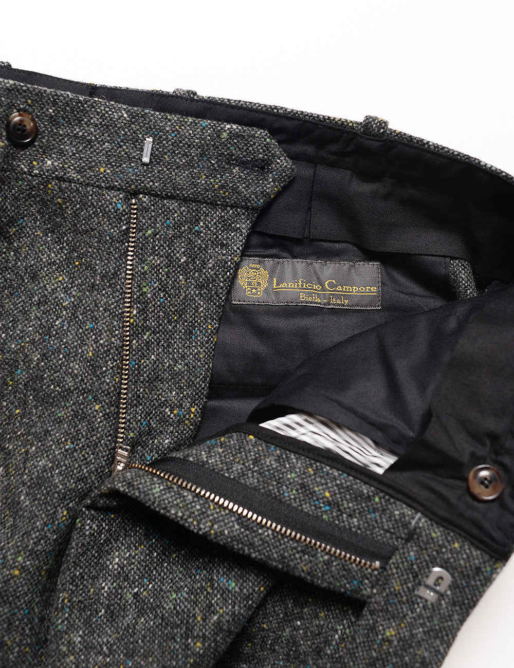 Detail shot of Brooklyn Tailors BKT50 Tailored Trouser in Flecked Donegal Tweed - Lead Gray showing zipper, waistband, and fabric color and texture